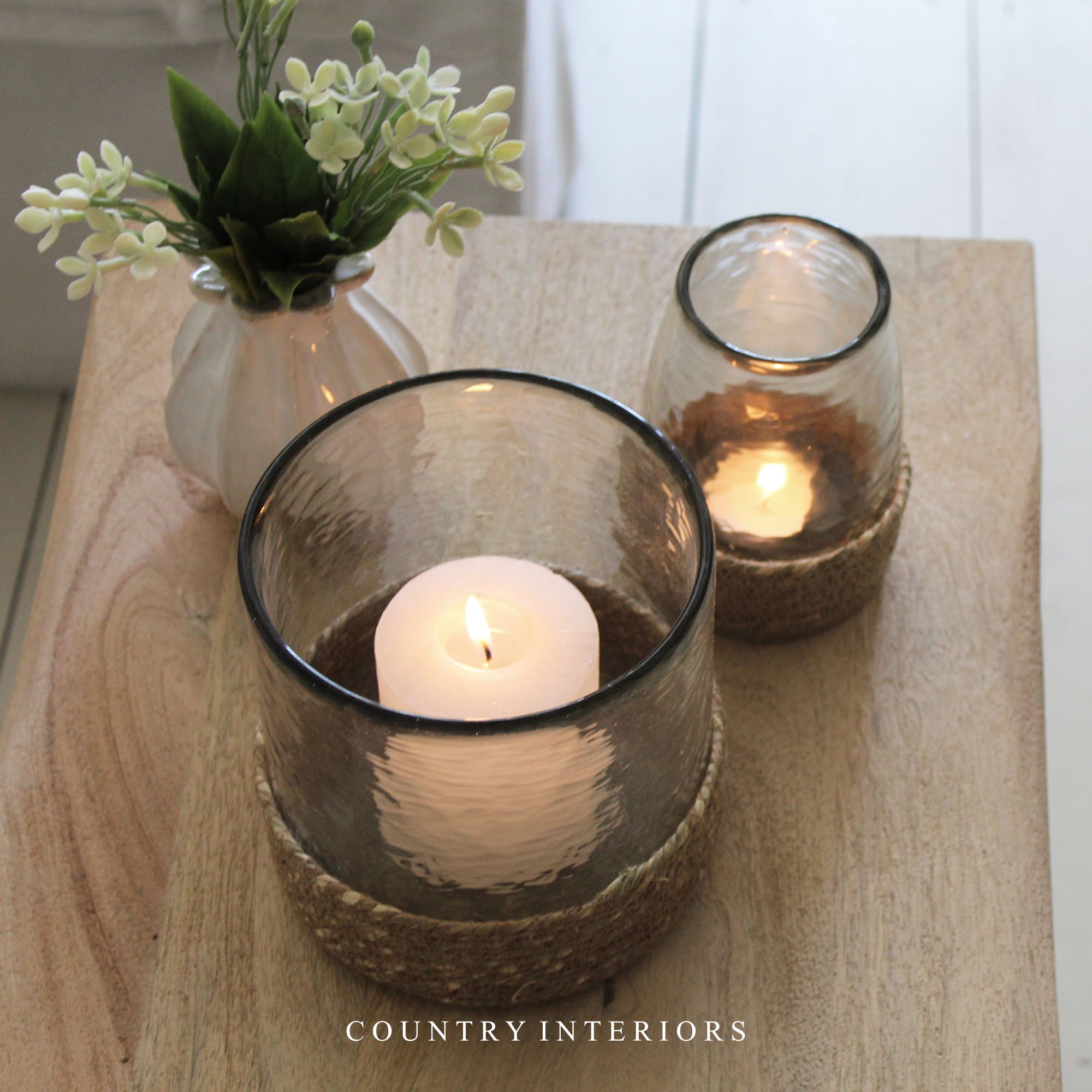 Glass Hurricane in Jute Basket - Small