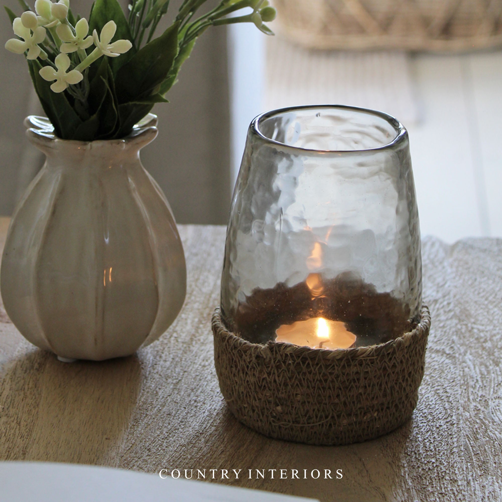 Glass Hurricane in Jute Basket - Small