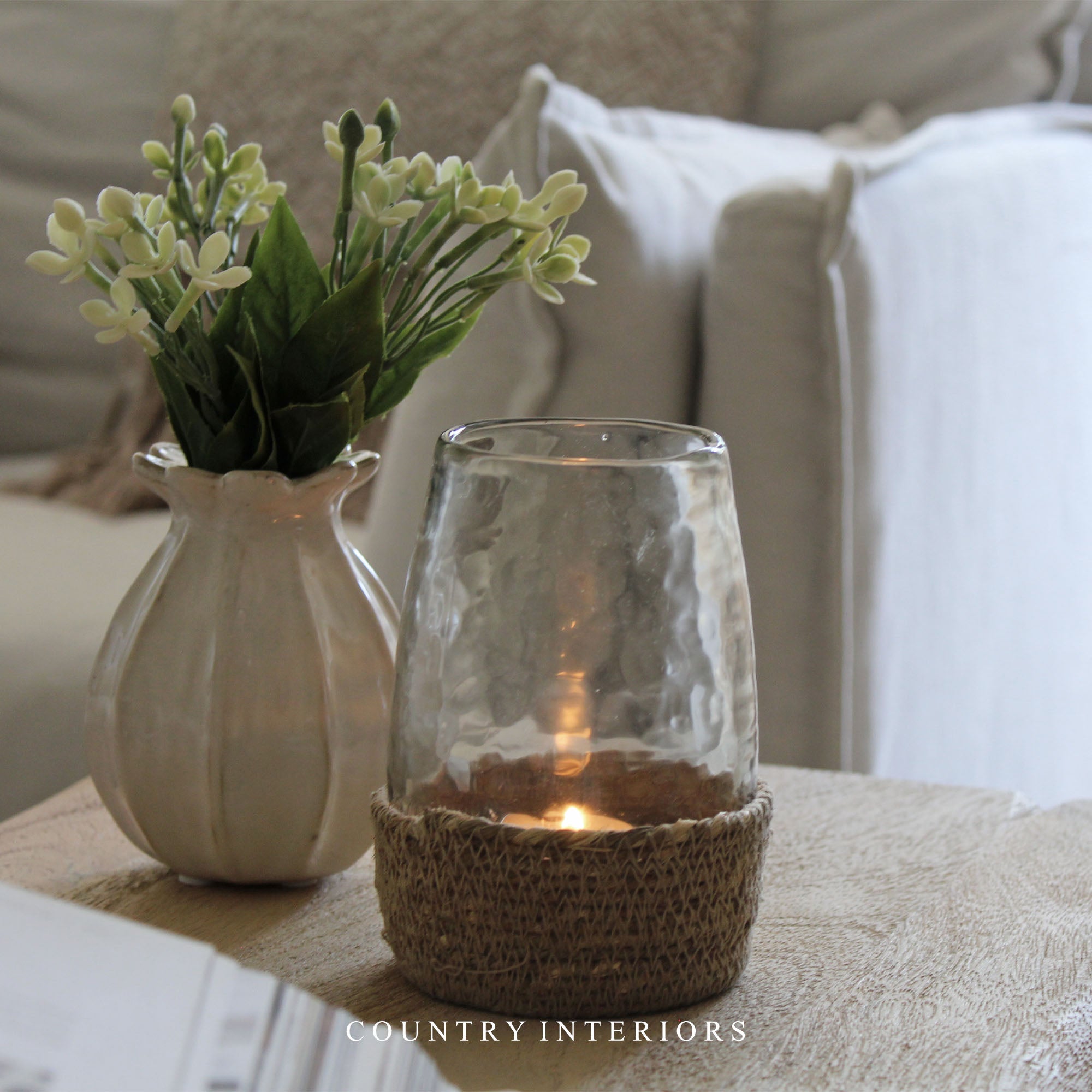 Glass Hurricane in Jute Basket - Small