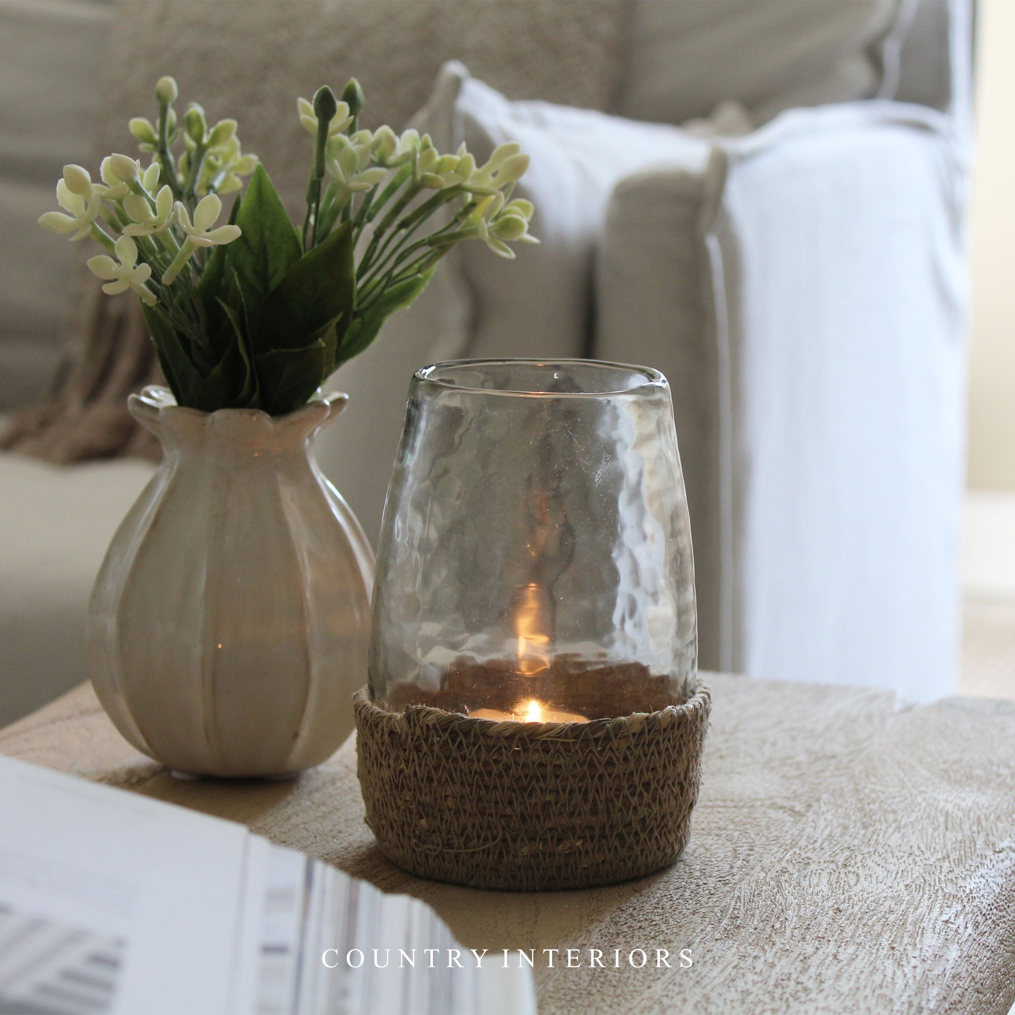 Glass Hurricane in Jute Basket - Small