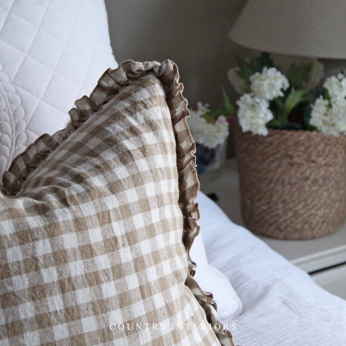 Natural Gingham Ruffle Cushion Feather Inner