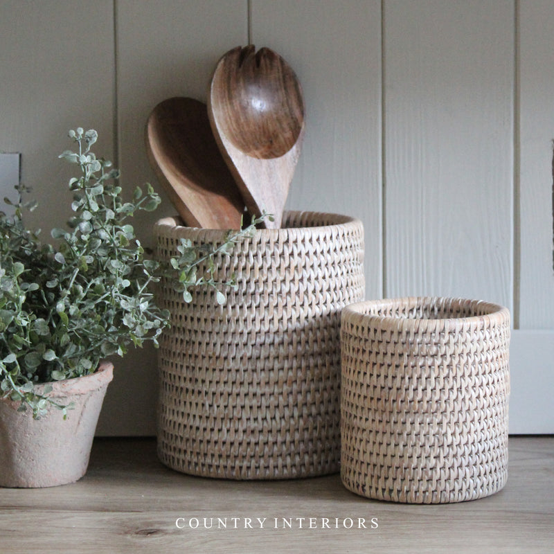 Brushed White Rattan Storage Pot - Two Sizes