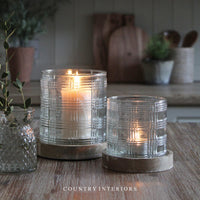 Gingham Glass Candle Holder with Wooden Base - Two Sizes