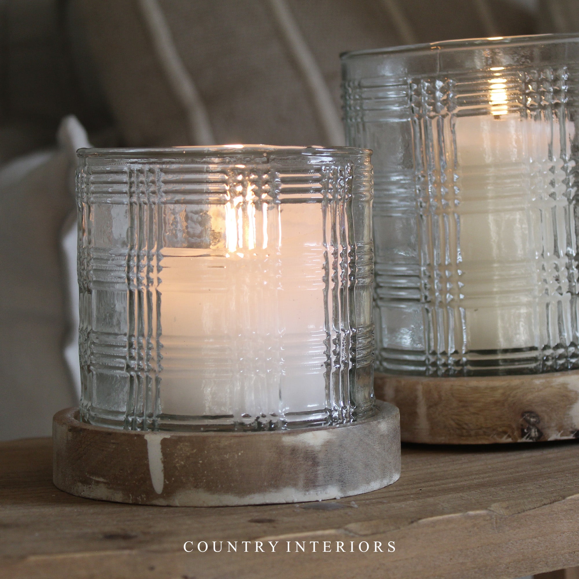 Gingham Glass Candle Holder with Wooden Base - Two Sizes