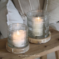 Gingham Glass Candle Holder with Wooden Base - Two Sizes