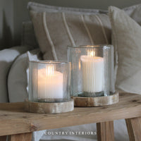 Stripe Glass Candle Holder with Wooden Base - Two Sizes