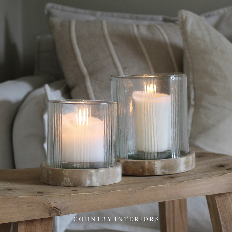 Stripe Glass Candle Holder with Wooden Base - Two Sizes