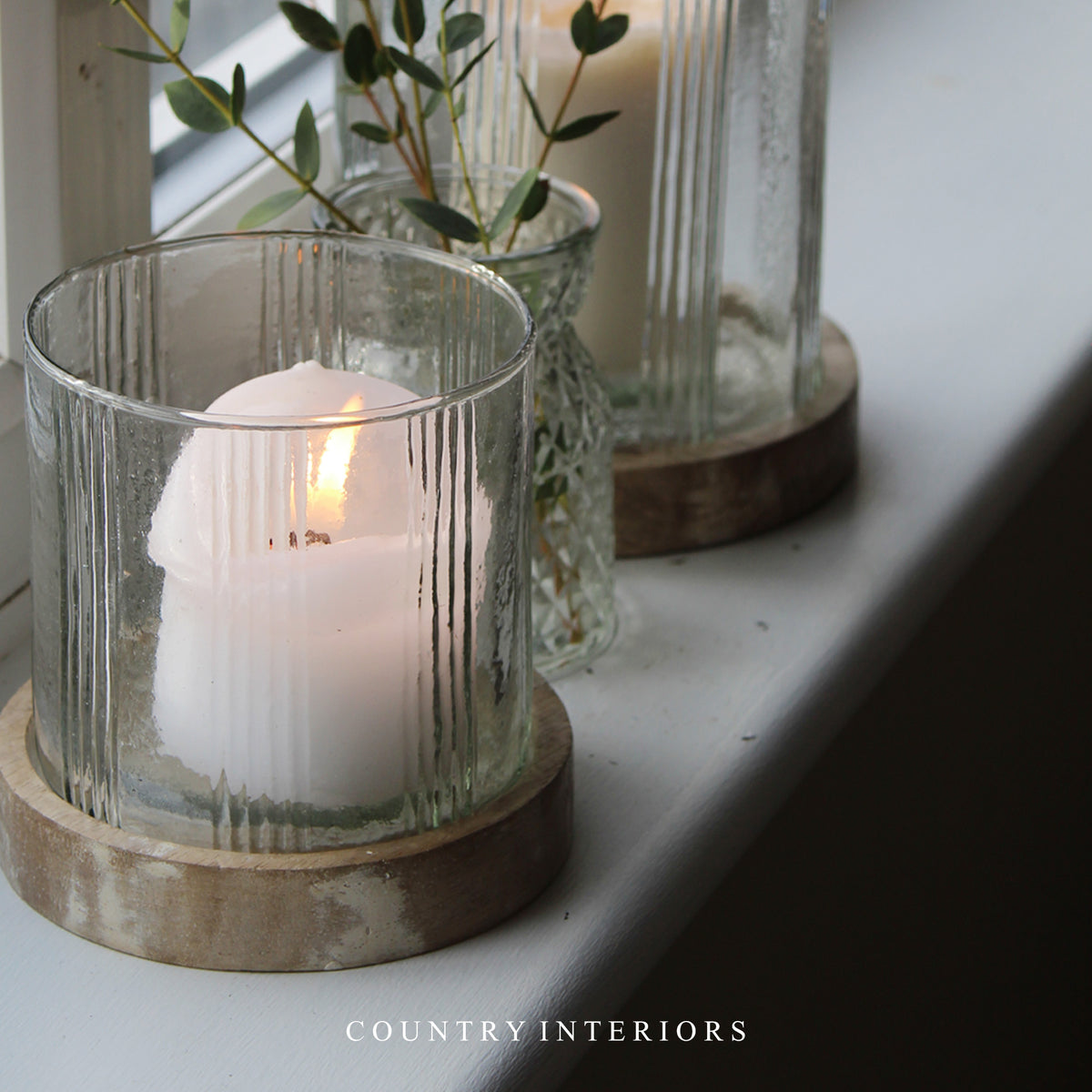Stripe Glass Candle Holder with Wooden Base - Two Sizes