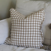 Natural Gingham Ruffle Cushion Feather Inner