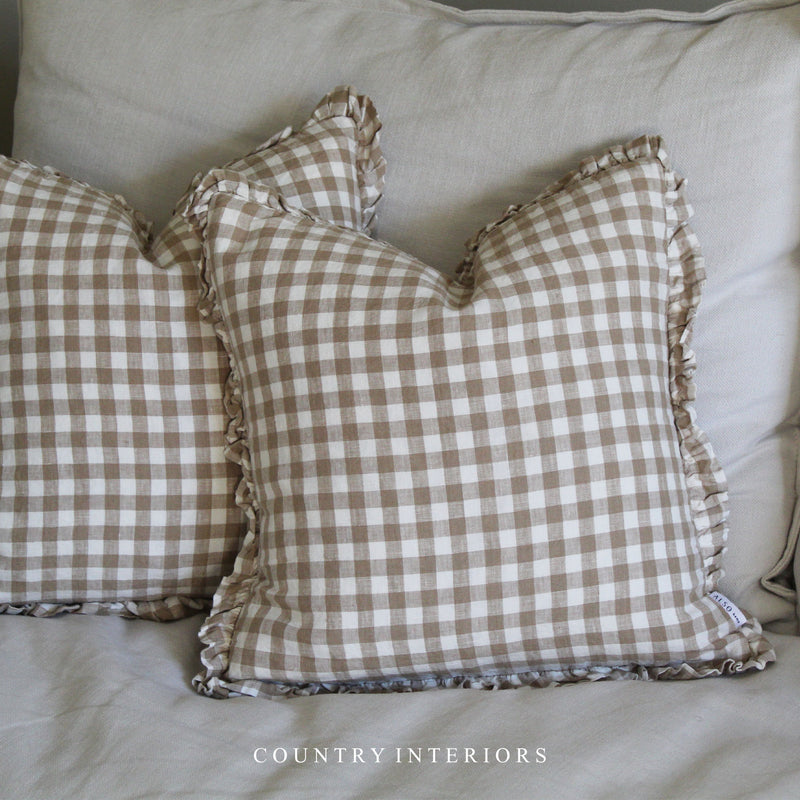 Natural Gingham Ruffle Cushion Feather Inner