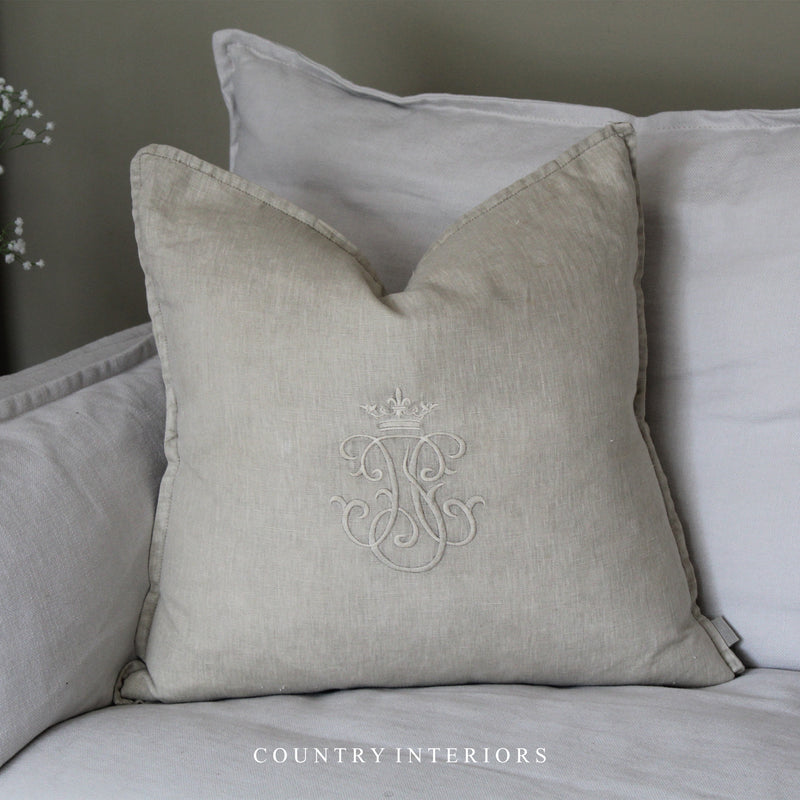 Embroidered Crown Cushion in Ecru Feather Inner