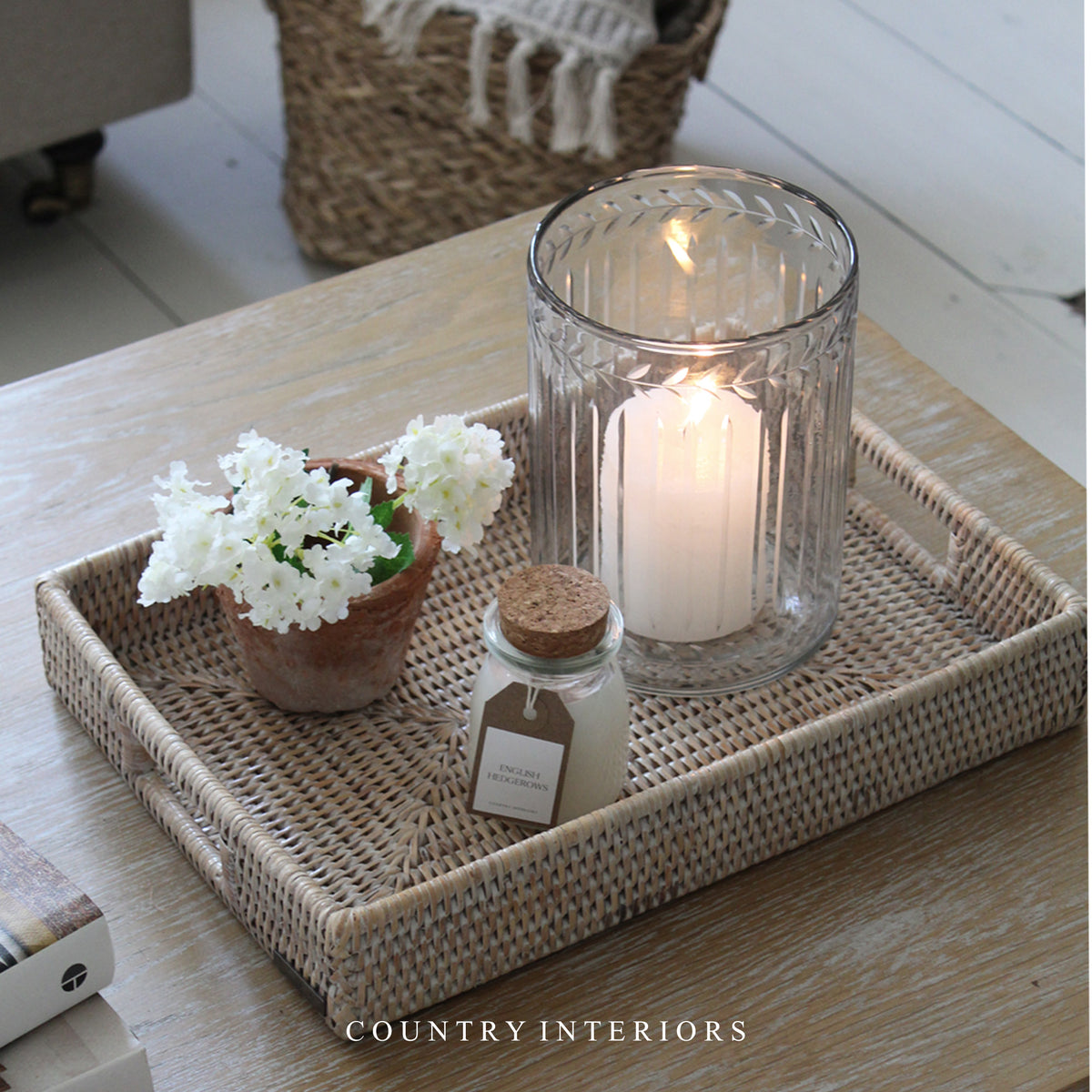 Brushed White Rattan Tray - Various Sizes