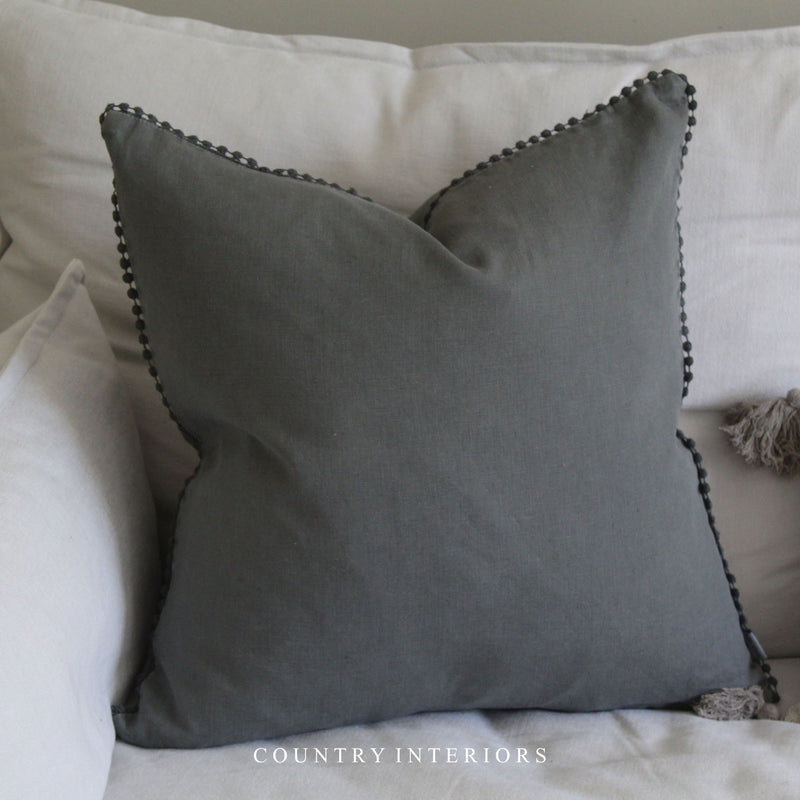 Lace Edge Green Linen Cushion - 50x50cm