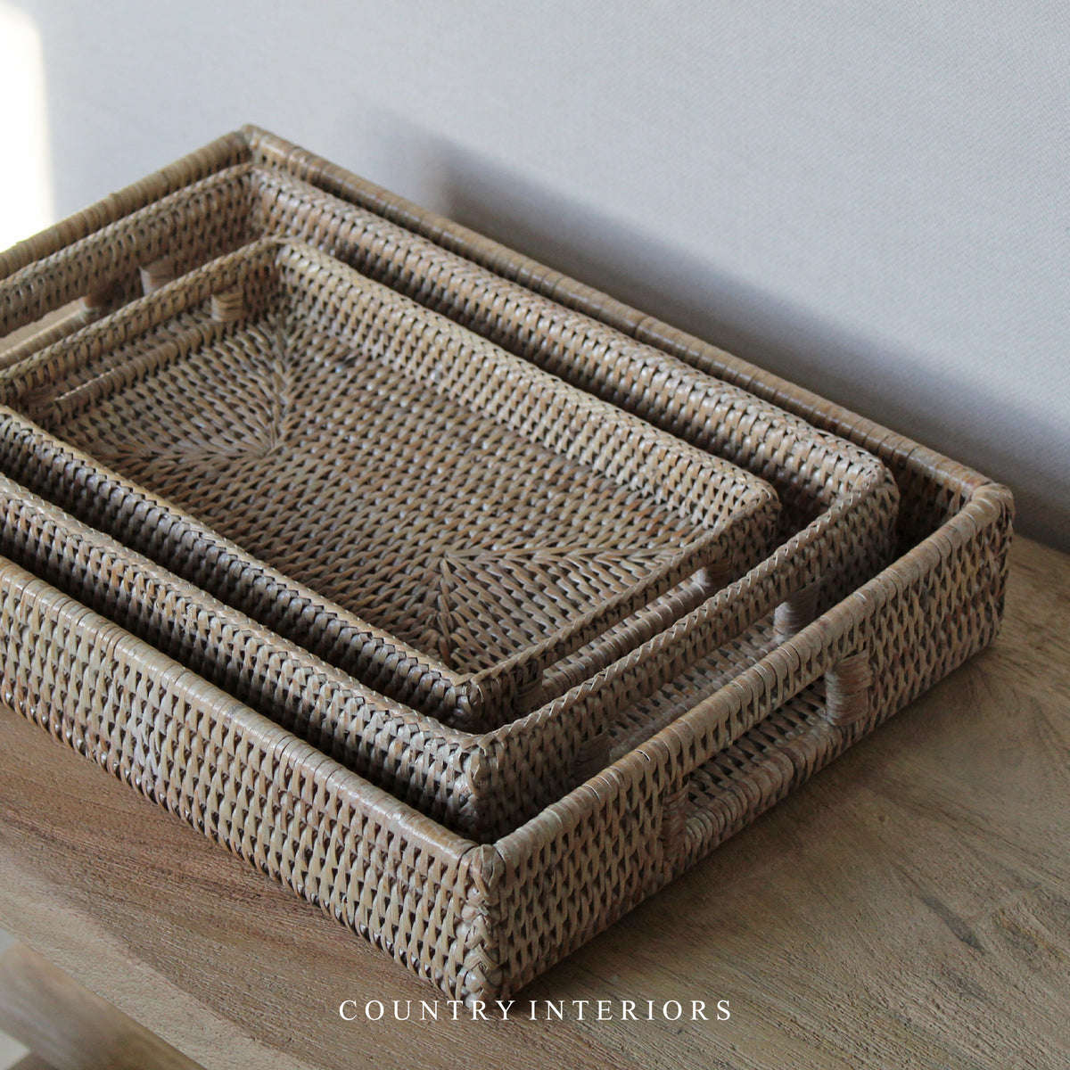 Brushed White Rattan Tray - Various Sizes