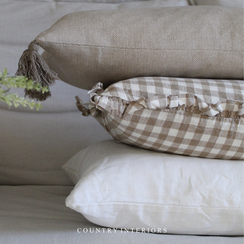 Natural Gingham Ruffle Cushion Feather Inner