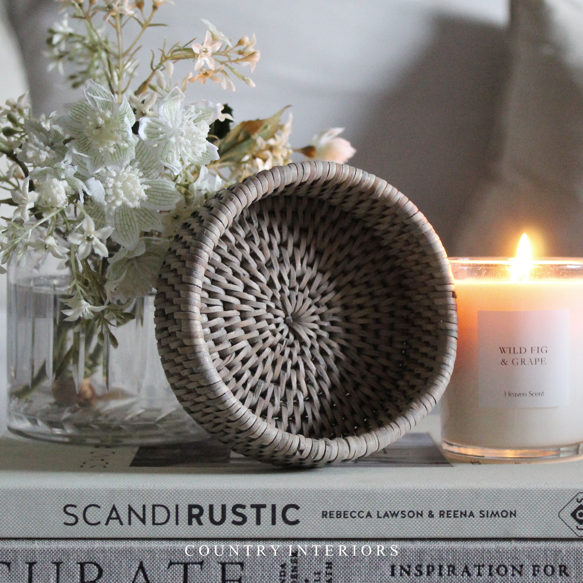 Rattan Candle Coaster Grey Wash Country Interiors