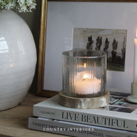 Stripe Glass Candle Holder with Wooden Base - Two Sizes