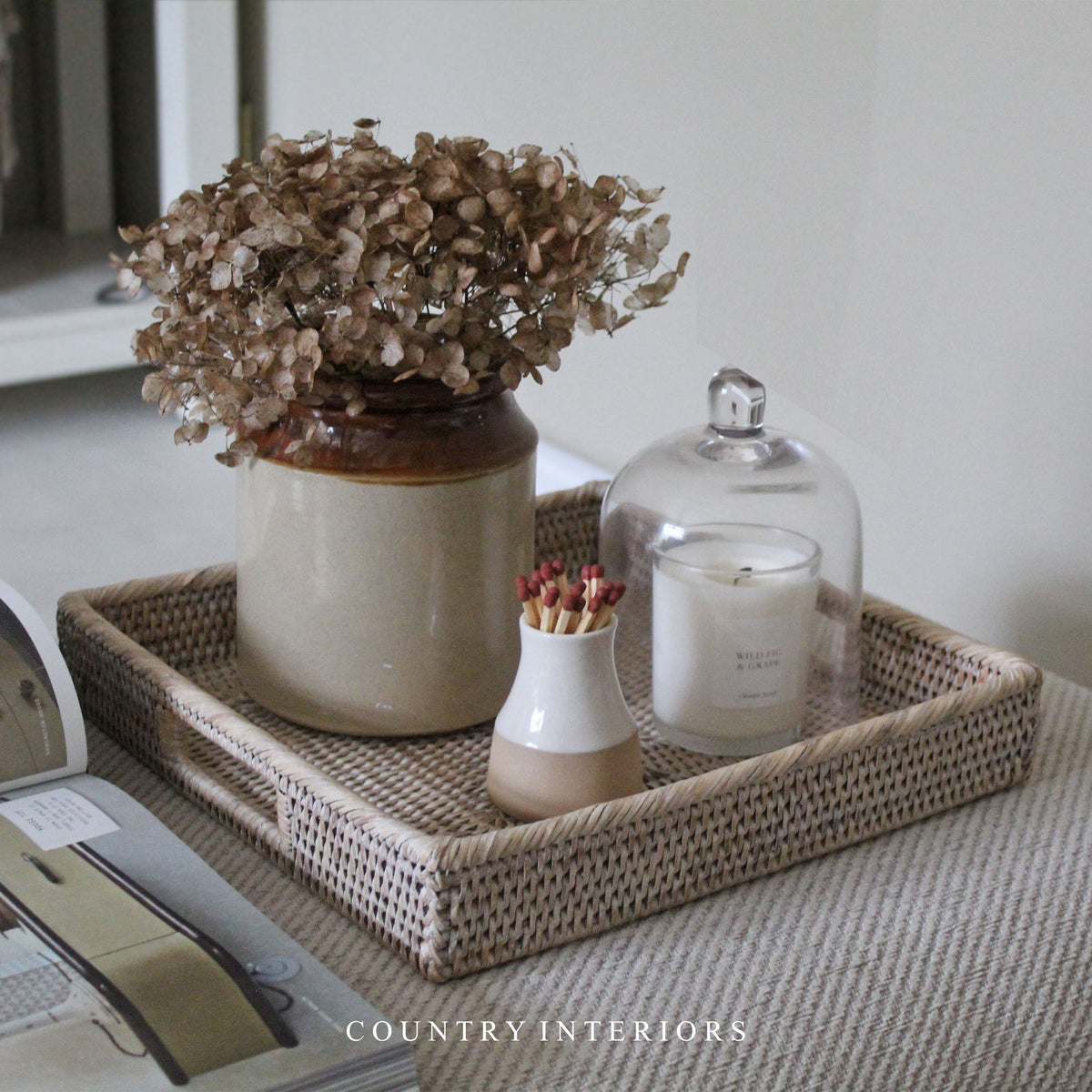 Brushed White Square Rattan Tray - Coming Soon May