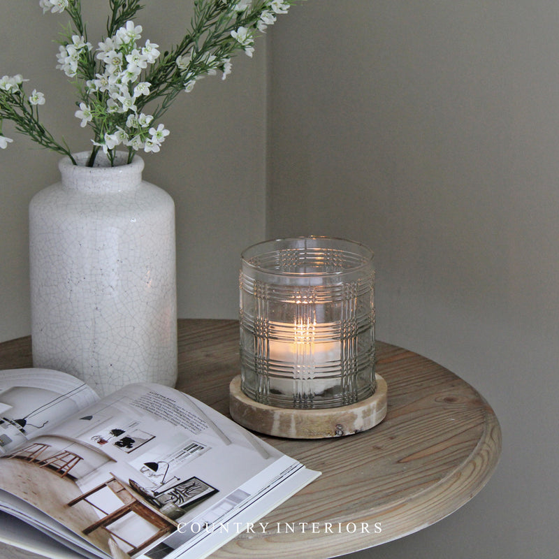 Gingham Glass Candle Holder with Wooden Base - Two Sizes