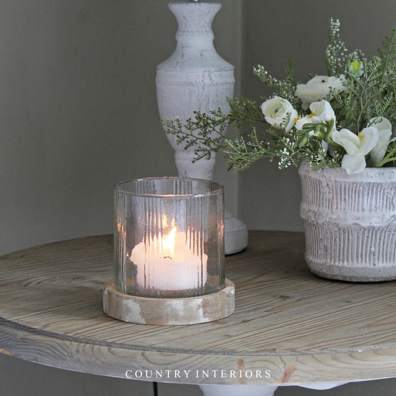 Stripe Glass Candle Holder with Wooden Base - Two Sizes