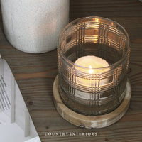 Gingham Glass Candle Holder with Wooden Base - Two Sizes