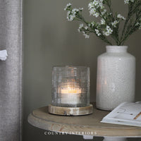Gingham Glass Candle Holder with Wooden Base - Two Sizes