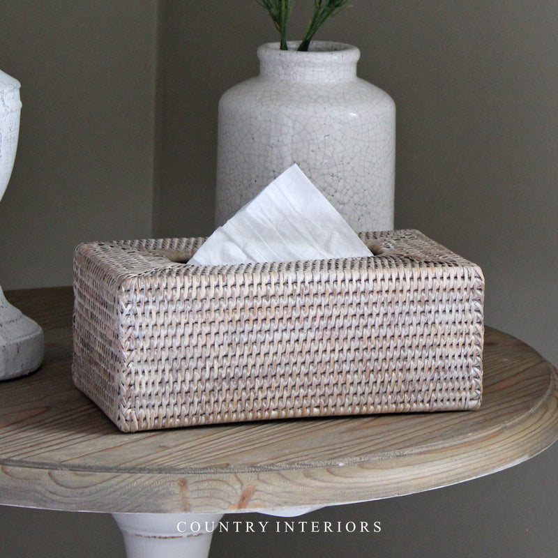 Brushed White Rattan Tissue Box Cover