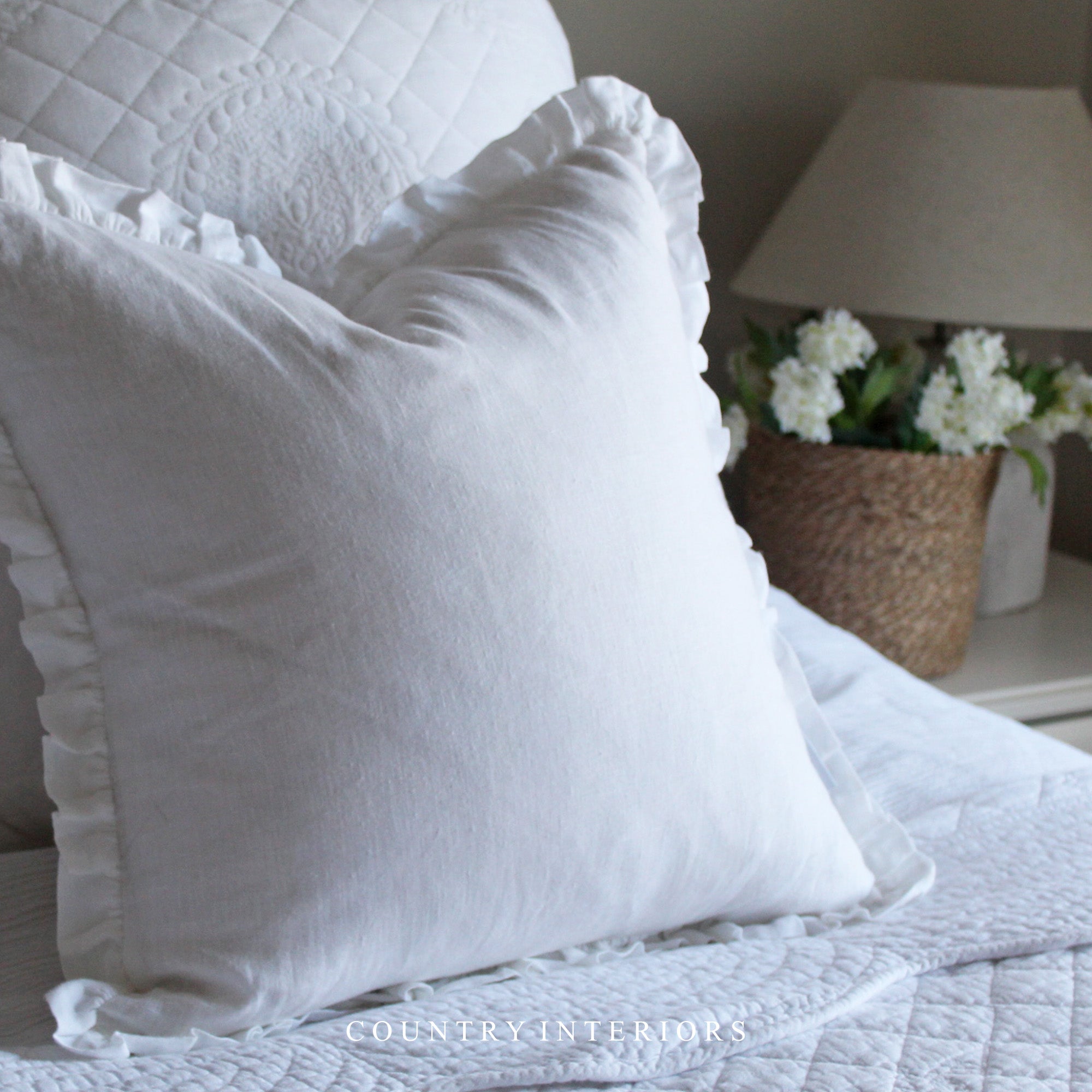 White Ruffle Cushion Feather Inner Country Interiors