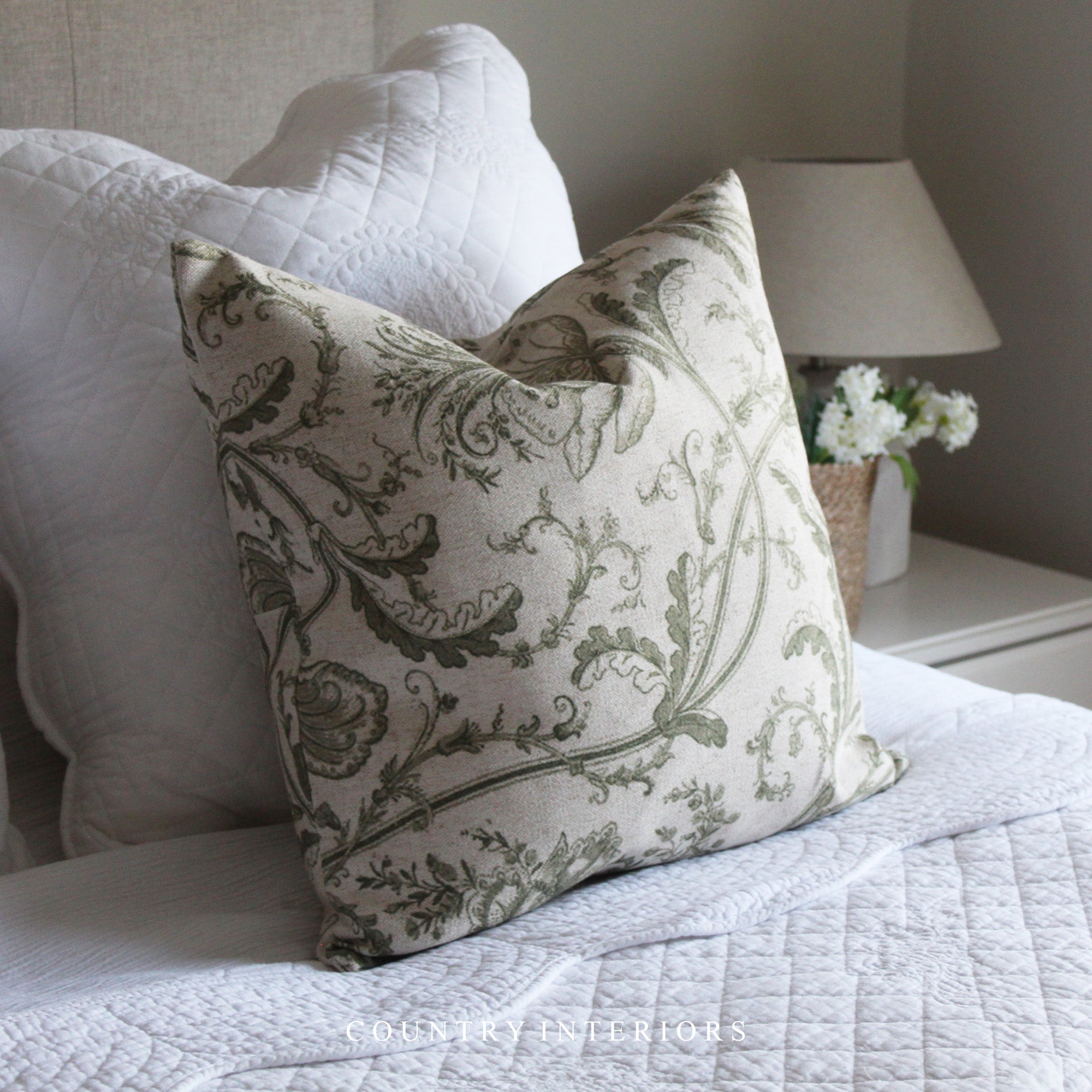 Green Floral Cushion Feather Inner – Country Interiors