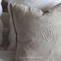 Embroidered Crown Cushion in Ecru Feather Inner