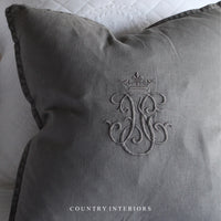 Embroidered Crown Cushion in Grey Feather Inner