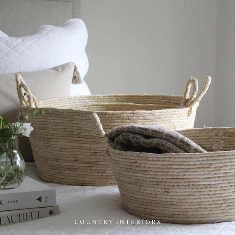 Cream Round Basket with Handles - Three Sizes