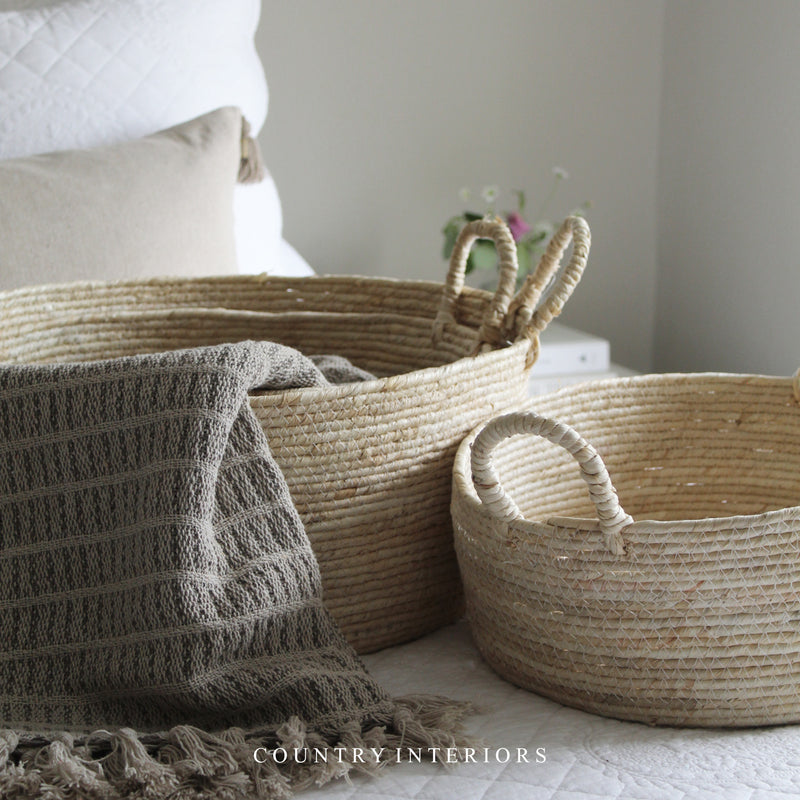 Cream Round Basket with Handles - Three Sizes