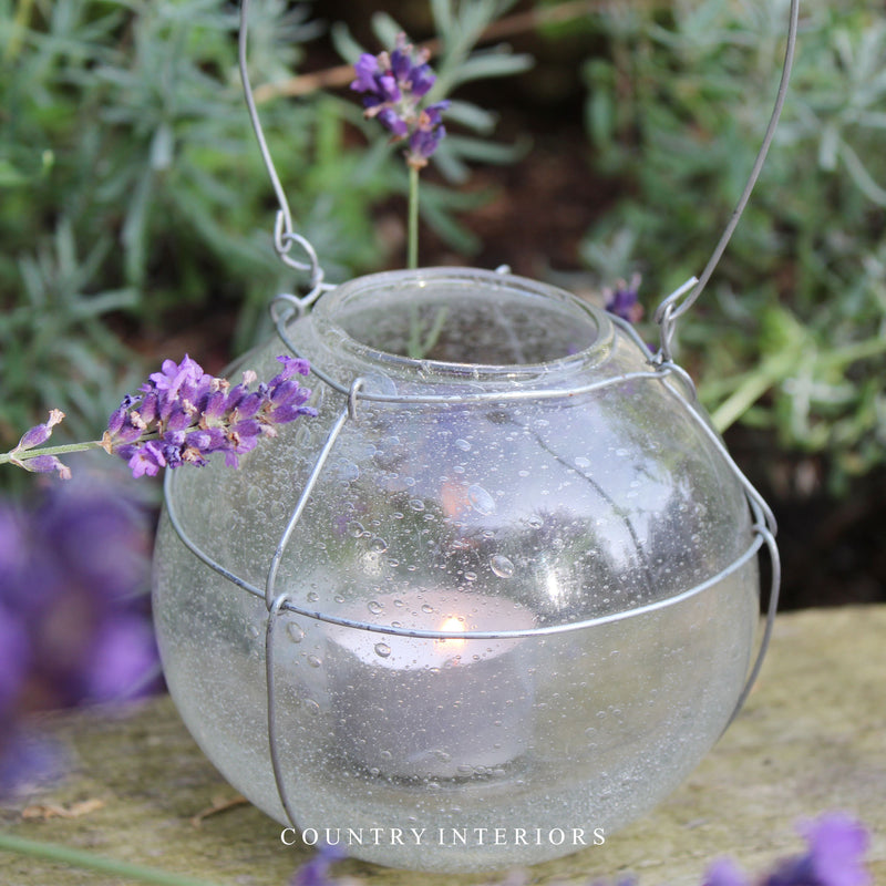 Glass Tealight Holder with Wire Hanger