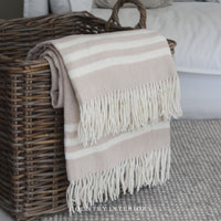 Pure Wool Throw in Beige with White Stripe - 130x180cm