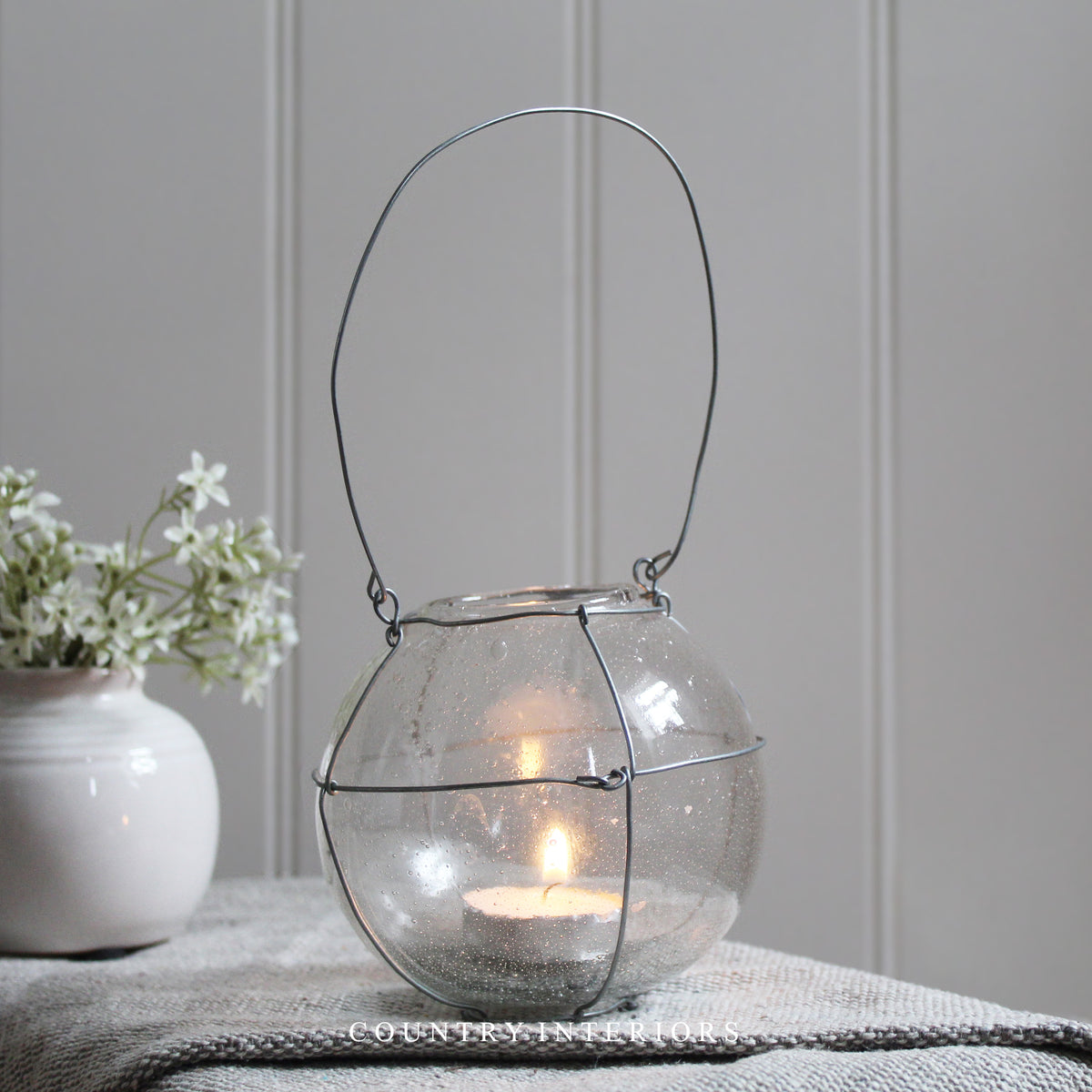 Glass Tealight Holder with Wire Hanger