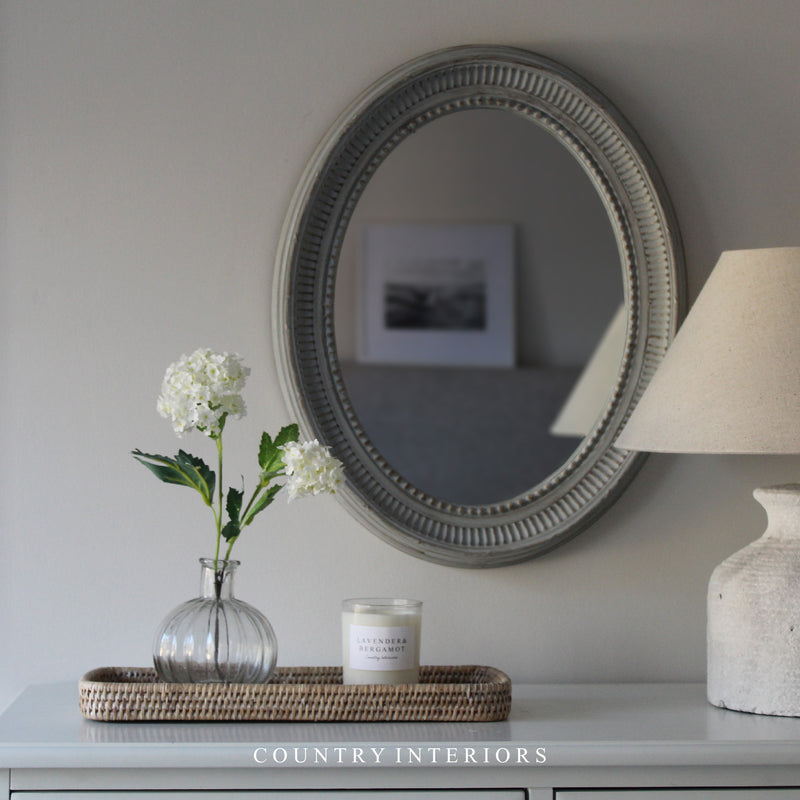 Oval Mirror in Soft Grey with Carved Frame