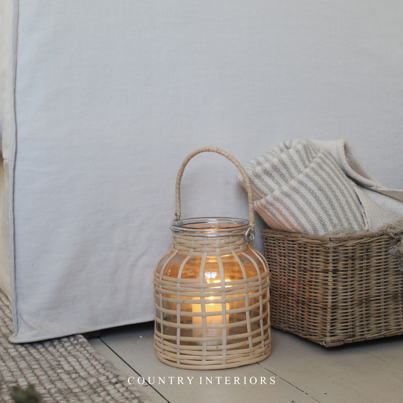 Glass Lantern with Natural Weave Outer