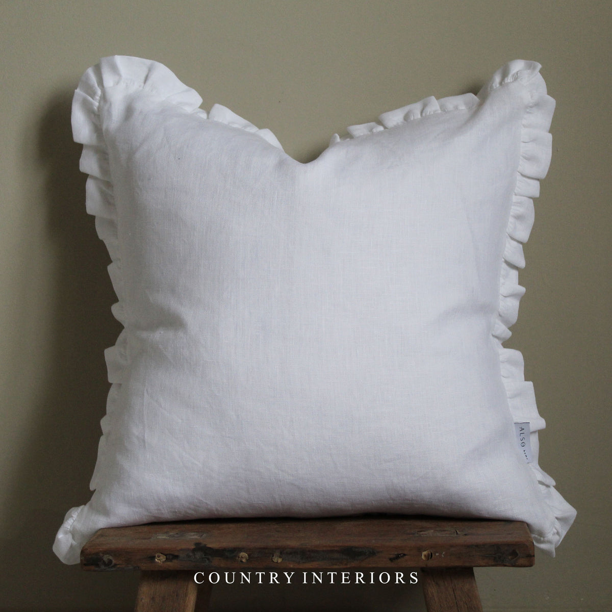 100% Linen Ruffle Cushion in White